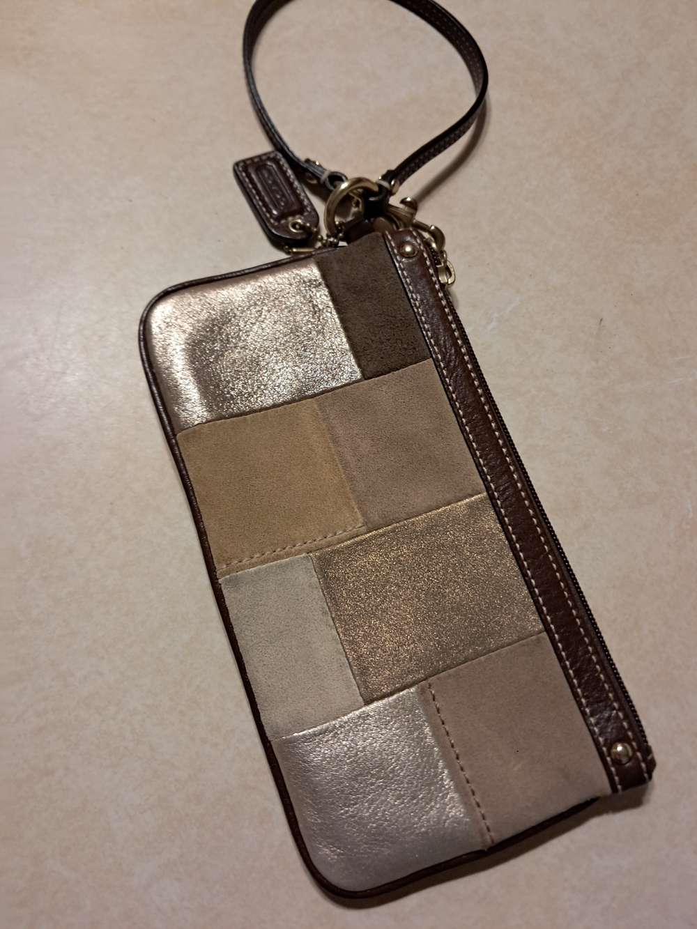 Coach Patchwork Wristlet in Brown, Tan, Gold, Cream